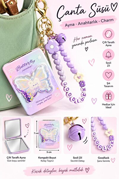 BATBAT Charm Çanta Süsü Çift Taraflı Ayna Detaylı Anahtarlık Cep Aynası Desen...