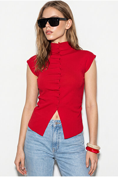 Bianco Lucci Women's Soft Textured Pat Detailed Stand Collar Buttoned Blouse ...
