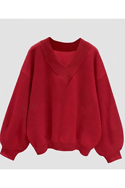 LADY HAZAL Red Unisex V-Neck Oversize Patterned Fabric Sports Sweatshirt Hzlv...