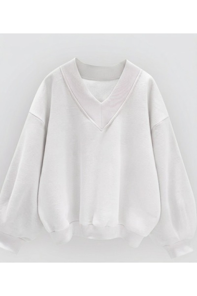 LADY HAZAL White Unisex V-Neck Oversize Patterned Fabric Sports Sweatshirt Hz...