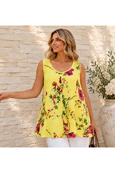 AGORATEKSTİL Women's Italian Cotton Fabric Sleeveless Patterned Loose Blouse ...