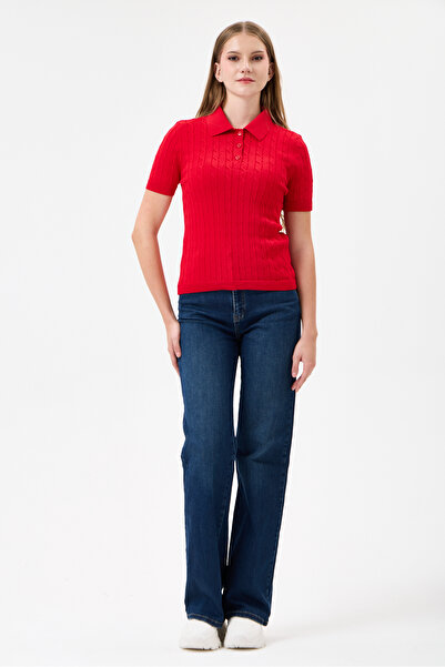 ŞEYDA ERTEM Red Color Checked Pattern Polo Collar Knitwear
