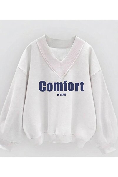 LADY HAZAL White Unisex V-Neck Comfort Printed Oversize Patterned Fabric Spor...