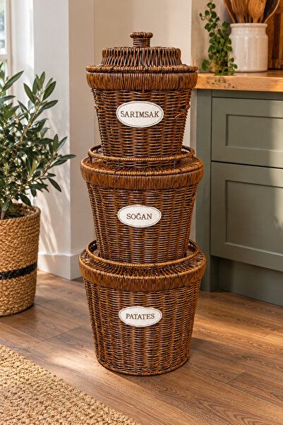 İnterlife 3lü RATTAN Patates Soğan Sepeti | Kapaklı Saklama Mutfak Düzenleyic...