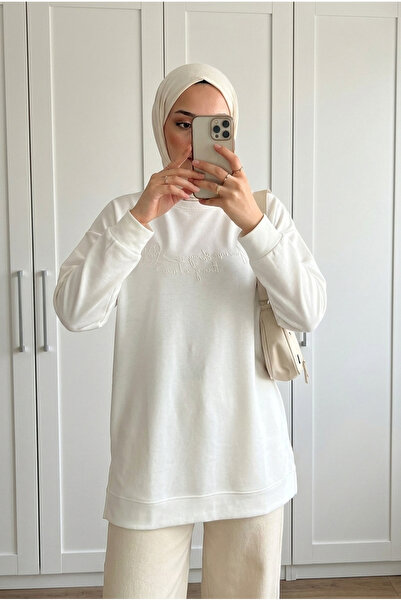 Kirazca Butik Kadın Kabartmalı Yazı Baskılı Oversize Salaş Uzun Sweatshirt Tu...