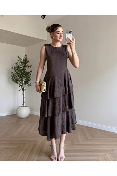tiamoda SIFIR KOL ETEĞİ KATLI MİDİ ELBİSE