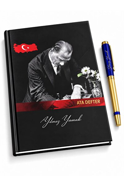 Halk Kitabevi Kişiye Özel Öğretmenler Gününe Özel 17x24 Atatürk Ciltli Defter Tarihsiz ve 1101 Gold Kalem