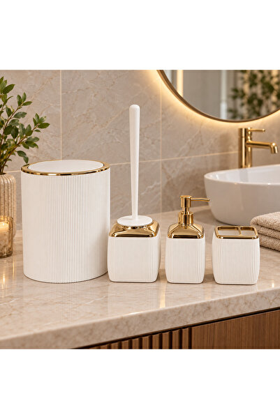 3NUR 4 Parça Akrilik Banyo Seti Beyaz Gold Çizgili Sıvı Sabunluk Çöp Kovası T...