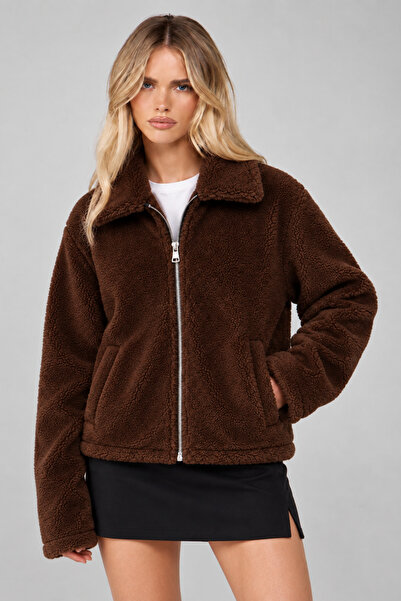 Tarz Cool Women's Oversize Plush Coat with Zipper Pockets, Soft Textured Tedd...