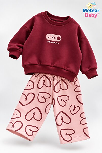 METEOR BABY Kız Bebek Takımı Love Yazılı Kalp Desenli 2'li Alt Üst Takım Mevs...