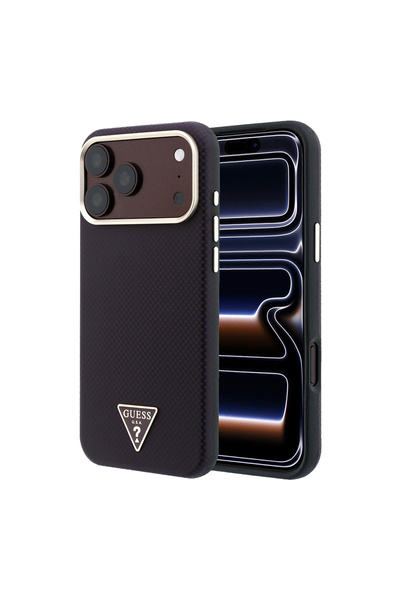 Guess iPhone 18 Pro Max Kılıf Lisanslı M-safe PU Metal Üçgen Logolu Karbon Fi...
