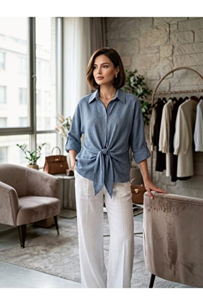 AYHAN Pinstripe Blouse with Tie Front Detail