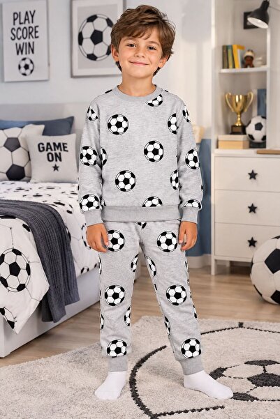 Kız Çocuk Pamuklu Gri Beyaz Desenli Uzun Kollu Mevsimlik Pijama Takımı