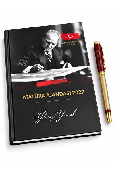 Halk Kitabevi Kişiye Özel 2027 Atatürk Ciltli Ajanda ve 1101 Gold Kalem Y35
