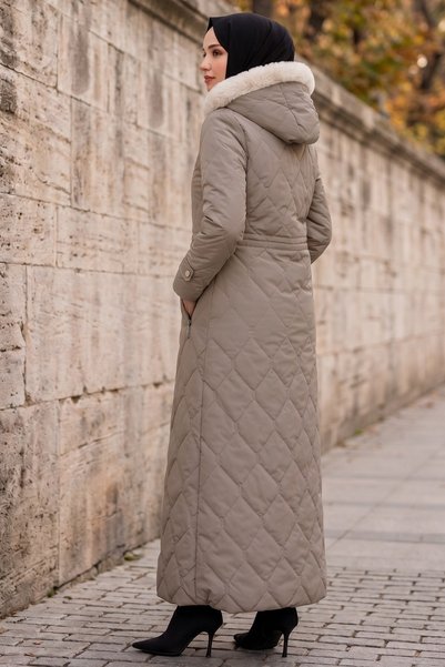 HNT Hayrunnisa Tesettür Baklava Pattern Full Length Nova Quilted Coat Mink Hnt2801
