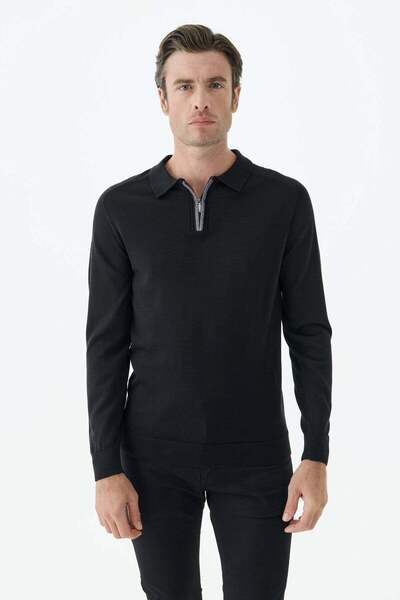 Jakamen Black Slim Fit Wool Zippered Polo Collar Knitwear