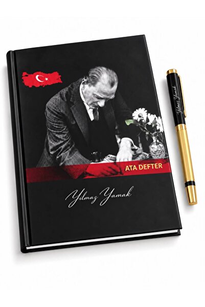 Halk Kitabevi Kişiye Özel Öğretmenler Gününe Özel 17x24 Atatürk Ciltli Defter Tarihsiz ve 1101 Gold Kalem