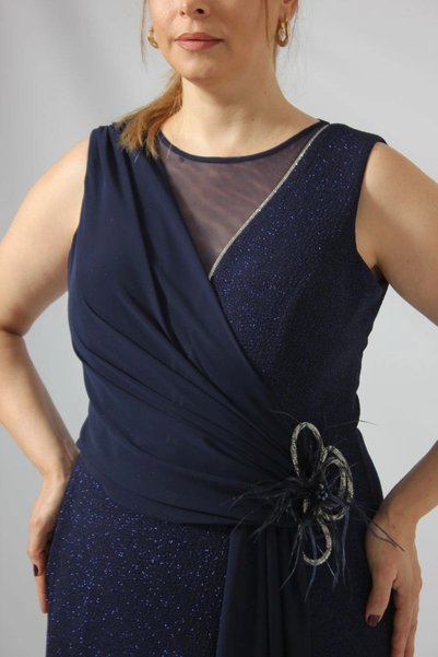 Moda Berray 2411 Bel Aksesuar detaylı Şifon Fukuro Kombin Abiye Elbise Lacivert
