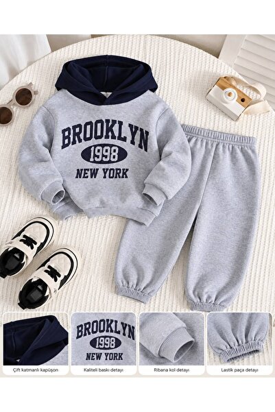 MORNİNG KİDS Kız-Erkek Çocuk Gri Kapşonu Lacivert Brookyln 1998 Baskılı Sweat...