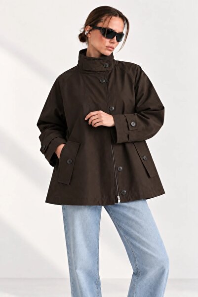 Yefrastore Women's Bitter Brown High-Neck Zipper and Button Lined Oversized T...