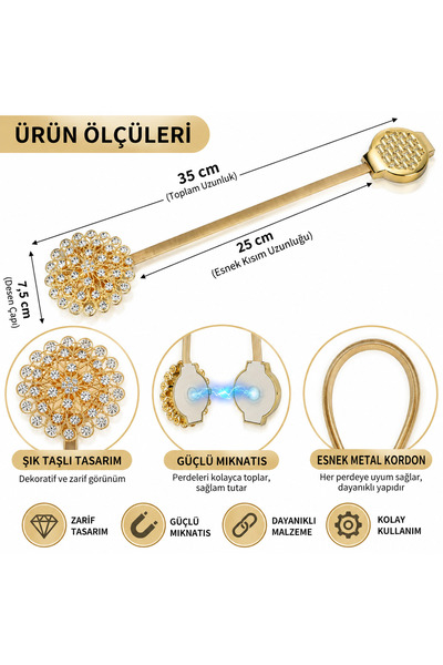 ARVALE Taşlı Mıknatıslı Perde Tokası – Dekoratif Kristal Desenli Esnek Perde Tokası