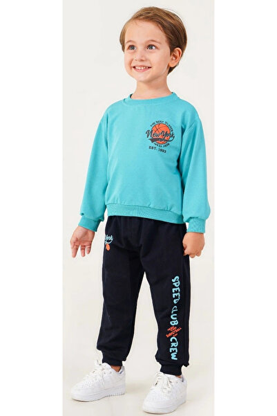 İrem Çocuk Giyim Boy's New York Written Blue Color Sweatshirt Set with Patter...