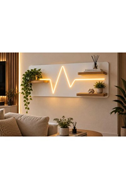 Mars Desing LED Işıklı Kalp Atışlı Beyaz Raflı MDF Duvar Tablo 90*38