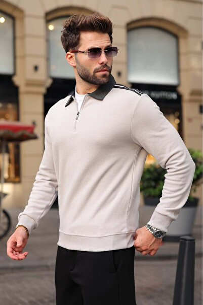 Madmext Painted Gray Stripe Detailed Polo Collar Men's Sweatshirt E7212