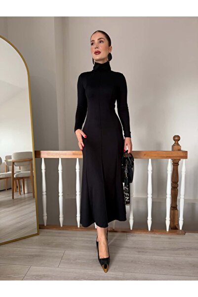 YK FASHION Dik Yaka Dikişli Uzun Elbise