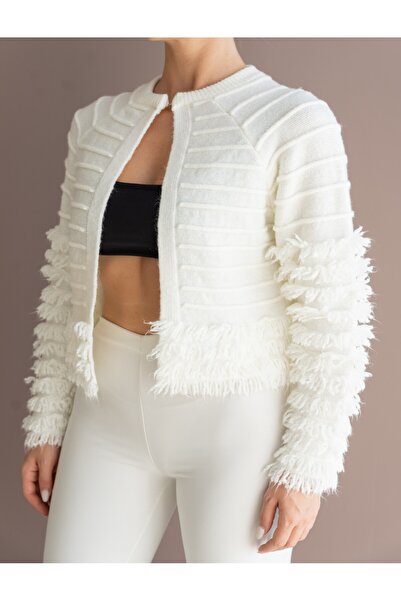 KENZA'A TRİKO Knitwear Cardigan with Tassels on the Sleeves and Hem