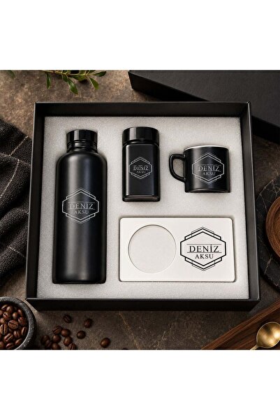 Bk Gift Kişiye Özel İsimli Siyah Cam Suluk & Kahve Fincanı & Türk Kahvesi & M...