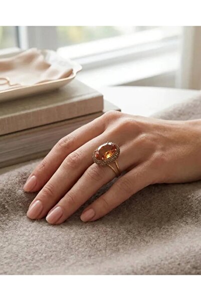 Beatis Handmade Women's Large Oval Amber Color Stone Gold Color Double Band L...