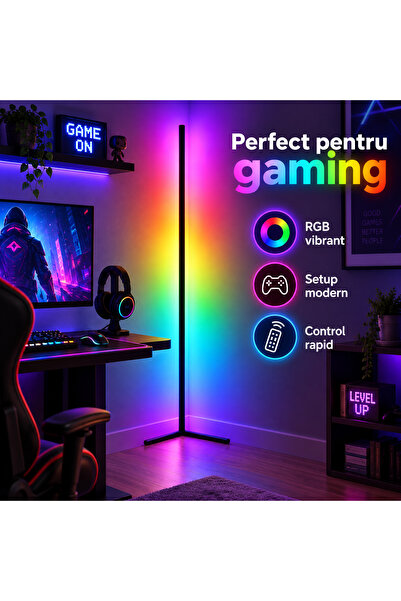 Fabrilux Lampa de Podea LED RGB 150 cm, Telecomanda, Aplicatie Telefon, Senzor Muzica, 7W, Lumina Ambientala