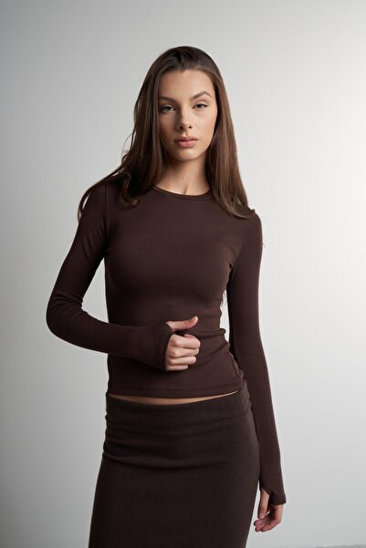 citycenterfashion Women's Ribbed Fabric Crew Neck Basic Blouse Cty-Lbn-3843
