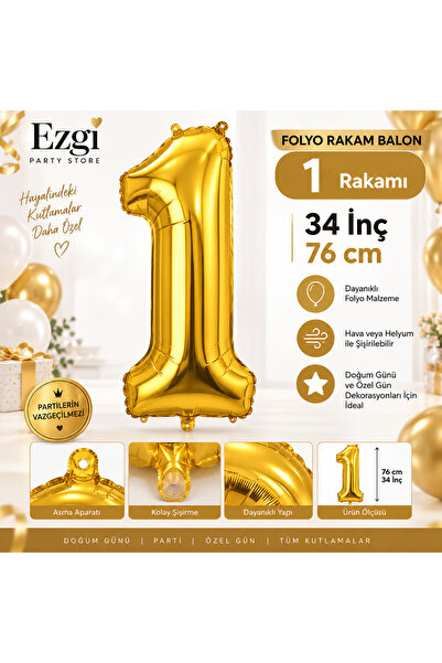 Ezgi Party Store 34 İnç 76 cm Gold 1 Rakam Folyo Balon Doğum Günü Parti Süsü