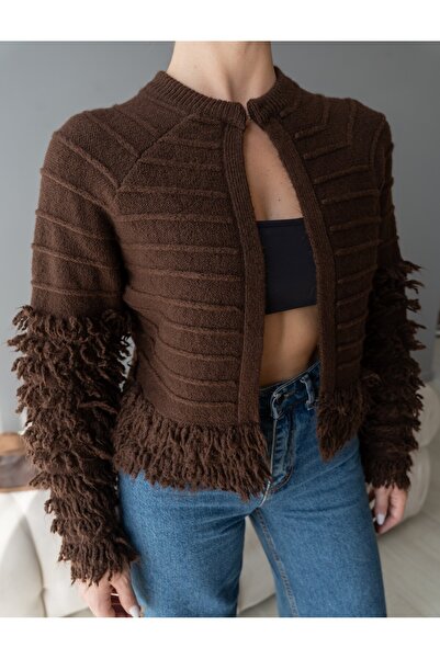 KENZA'A TRİKO Knitwear Cardigan with Tassels on the Sleeves and Hem