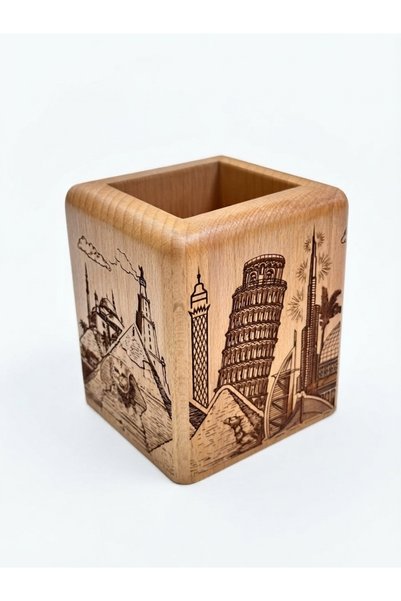 Laser Gallery Wooden Pen Holder – 10.5x9cm Laser Engraved "Around the World" Landmarks Desk Organizer, Travel Theme Office Decor & Gift