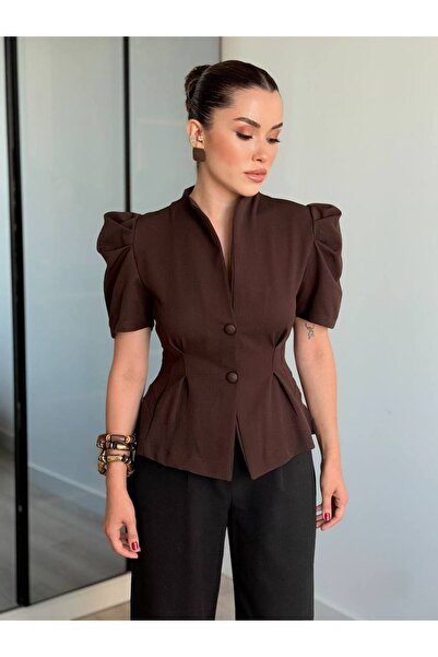 BNGL Boutique Model V-Neck Buttoned Brown Blouse