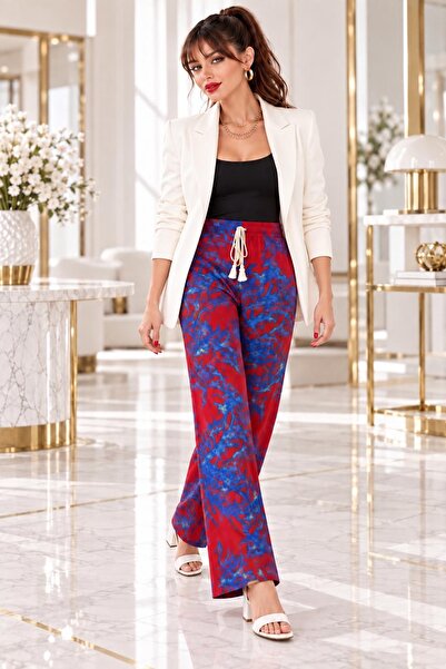 Bluewhs Women's 100% Viscose Patterned Loose Trousers – Elastic Waist, Soft and Comfortable for Daily Use