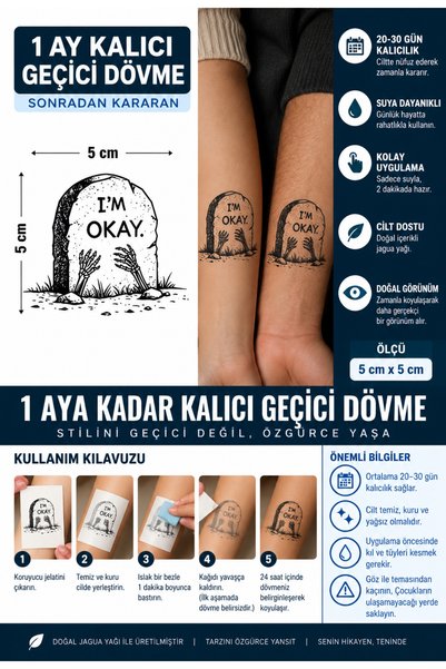 TattooLiva 1 Ay Kalıcı 24 Saat Sonra Kararan 5X5 cm KÜÇÜK BOY MEZAR İYİYİM DÖ...