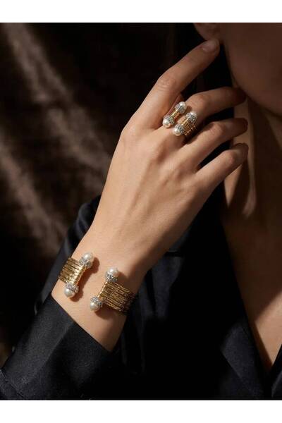 Beatis Handmade Women's Pearl and Stone Detailed Gold Color Multi-Row Bracele...