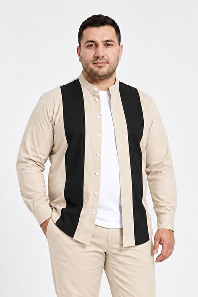 RELAXL Large Size Men's Seasonal High Collar Shirt Jacket Beige Black