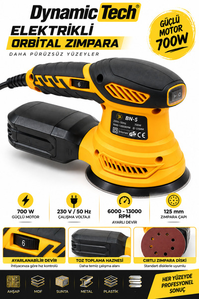 DynamicTech Elektrikli Orbital Zımpara 700W 125mm 6000-13000 RPM Devir Ayarlı Zımpara Makinesi