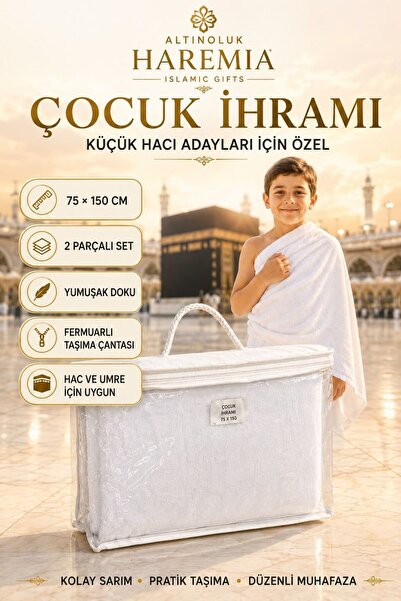 Altınoluk Haremia Çocuk İhramı 75x150 cm | 2 Parçalı Taşıma Çantalı Set