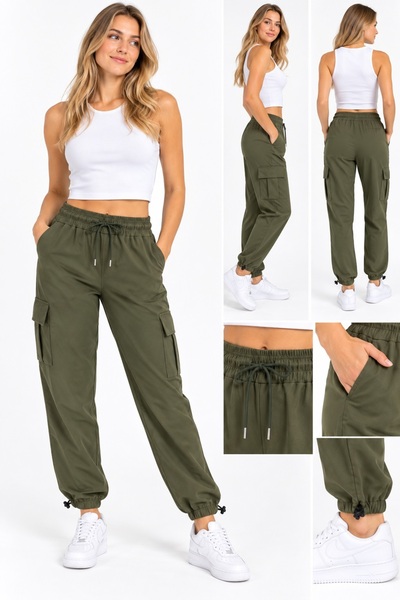 Machi Women's Cargo Pocket Thin Parachute Sweatpants with Adjustable Cuffs Oversize Fit Black Gray Navy Blue Beige Khaki
