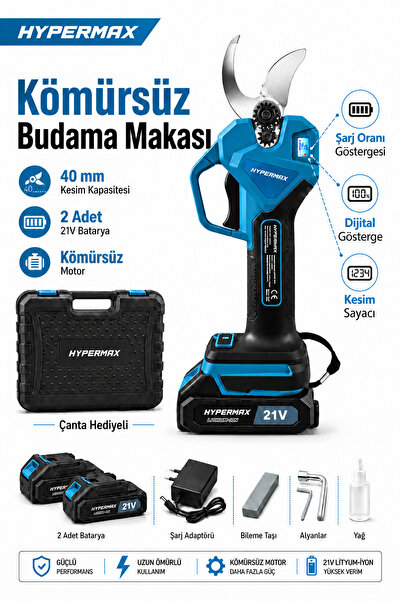 hypermax Çift Akülü 40 Mm Çelik Şanzuman Dijtal Göstergeli Şarjlı Dal Ağaç Ke...