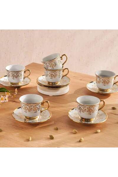 PAN HOME Hazal 12-Piece Espresso Cup & Saucer Set 90Ml -White & Gold