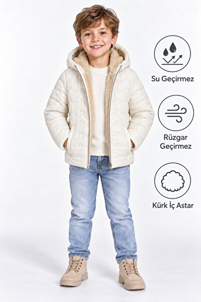 tinytrends Erkek Çocuk Kapüşonlu Kürk Astarlı Su ve Rüzgar Geçirmez Şişme Mont