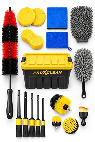 PROXCLEAN 18 Parça Oto Detaylı Temizlik Seti Matkap Fırçası Jant Fırçası Mikrofiber Kutulu 20LT