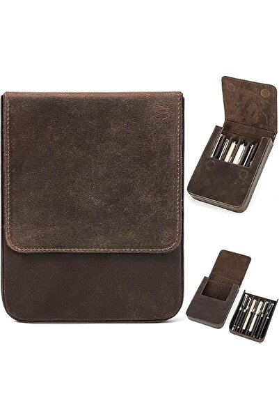 X SPRING Leather Case Organizer, Brown Genuine Leather 6-Pen Holder with Magn...